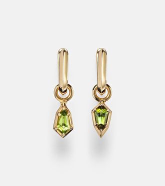 Stone and Strand Knife Edge Shield 14kt gold hoop earrings with green tourmaline