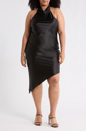 Renee C Halter Neck Asymmetric Satin Dress in Black at Nordstrom Rack, Size 3X