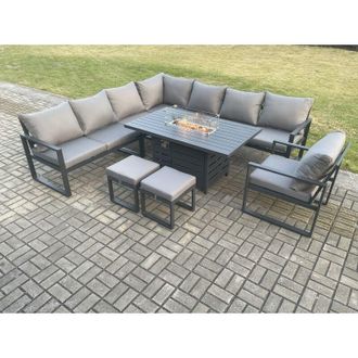 Fimous Fimous Aluminium 10 Seater Garden Furniture Outdoor Set Patio Lounge Sofa Gas Fire Pit Dining Table Set with Chair 2 Small Footstool Dark Grey