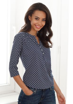 Lascana Blusenshirt LASCANA mit Knopfleiste, Damen, Gr. 32/34, blau (navy), Single Jersey, Obermaterial: 65% Polyester (REPREVE), 35% Viskose, gemustert, bequ