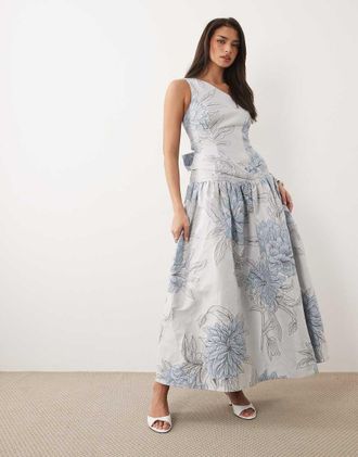 Asos Vestito lungo monospalla in jacquard blu a fiori-Multi