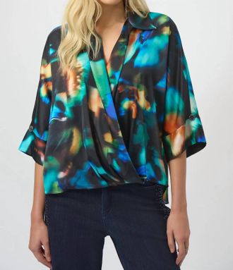 Joseph Ribkoff Abstract Print V-Neck Satin Top In Black/multi