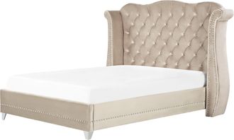 Beliani Cama Con Somier De Terciopelo Beige 180 X 200 Cm Listones Cabecero Capiton&eacute; Ayette