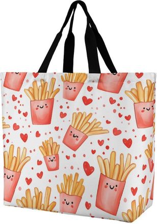 Generic Valentines Day French Fries Reusable Shopping Bags Large Capacity Grocery Bag Heavy Duty Tote for Women 40x40x16cm