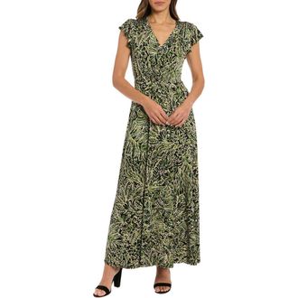 London Times Flutter Sleeve Smocked A-Line Maxi Dress in Black/Green at Nordstrom Rack, Size 10