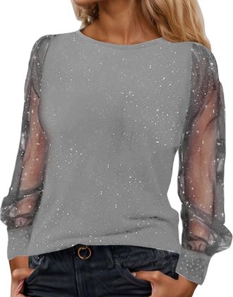 Generic Sparkly Tops for Women UK Sequin Top Christmas Party Wear Lace Mesh Sheer Long Sleeve Top Crew Neck Sequin Tee Shirts Glitter Tops T Shirt Baggy Tunic