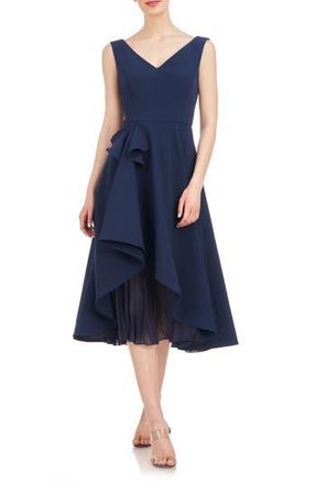 Kay Unger Begonia Crepe & Chiffon Midi A-Line Dress in Dark Midnight at Nordstrom Rack, Size 10