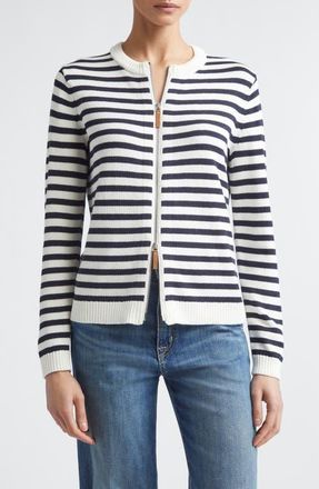 Lafayette 148 New York Stripe Cotton & Silk Zip Cardigan in Cloud/Ink at Nordstrom, Size X-Large