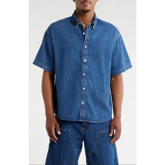 Carhartt Work in Progress Lucas Short Sleeve Cotton Denim Button-Down Shirt in Stone at Nordstrom, Size Xx-Large