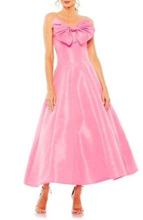 Mac Duggal Strapless A-Line Tea Length Statement Bow Midi Dress in Candy Pink at Nordstrom, Size 12