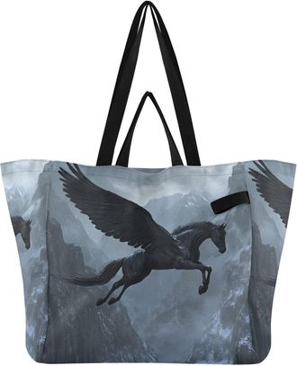 Generic Mountain Black Horse print Reusable Canvas Tote Bag, Heavy Duty Grocery Shopping Bag with Hard Bottom Double Handles Large Capacity Work Groceries Tra
