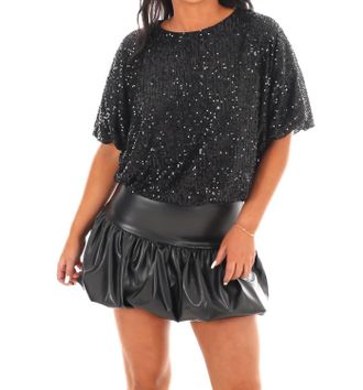 Caramela Shimmer Sequin Bubble Top In Black