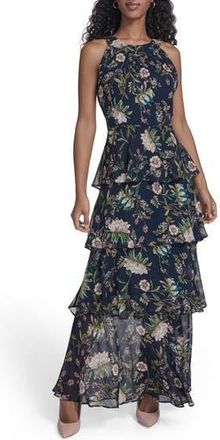 Tommy Hilfiger Floral Sleeveless Tiered Chiffon Maxi Dress in Sky Captain Multi at Nordstrom Rack, Size 18 (Similar To 16W)