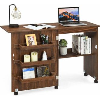 Costway Mobiletto per Macchina da Cucire, Tavolo da Cucito Pieghevole con Mensole Dimensioni: 117 x 40 x 77 cm, Marrone Scuro