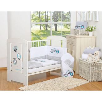 OEM Juego De Cama Infantil 135x100cm Con Protector De 3 Piezas, B&uacute;hos Grises, Con Bordado Gris Turquesa