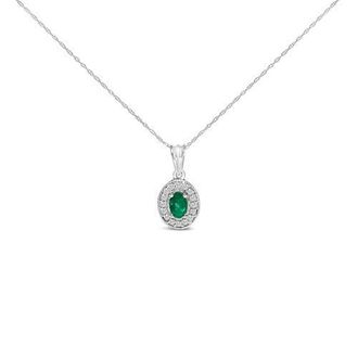 House of Brilliance 14K White Gold Oval 6x4 MM Green Emerald and Diamond Halo Pendant Necklace at Nordstrom