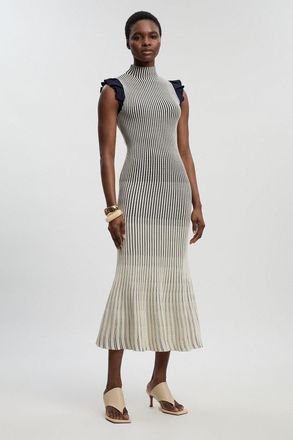 Karen Millen Womens Petite Pointelle Frill Sleeve Knit Midi Dress - Navy polyamide - Size X-Small