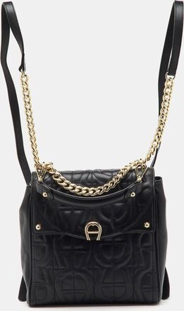 Aigner Black Logo Embroidered Leather Diadora Backpack