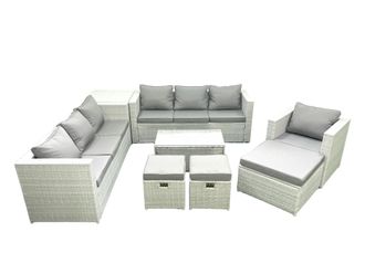 Fimous Wicker PE Rattan Sofa Garden Furniture Set with Armchair Oblong Coffee Table 3 Footstools Side Table Light Grey Mixed
