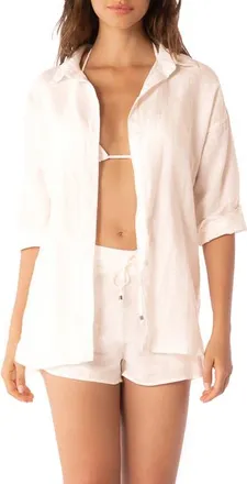 Maaji Larissa Long Sleeve Linen Cover-Up Tunic in White at Nordstrom, Size Small