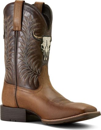 Ariat Sport Steer Skull Wide Square Toe Cowboy Boot in Brown at Nordstrom, Size 10.5