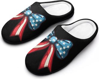 Generic Bow US Flag Womens Slippers Warm House Slippers Indoor House Shoes with Anti-Skid Rubber Sole