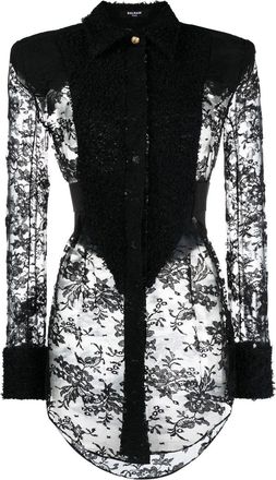 Balmain Tweed and lace plastron shirt - women - Cotton/Polyamide/Silk/Acetate/Mother of Pearl - 40 - Black