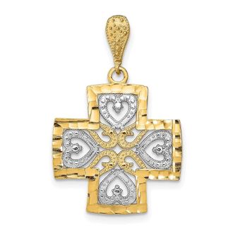 Diamond2Deal 14k Yellow Gold Rhodium Diamond-Cut Heart Cross Charm