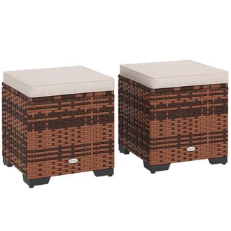 OUTSUNNY Set of 2 Rattan Footstool - Storage Ottoman w/ Cushions - Beige | TJ Hughes