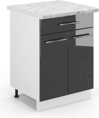 Vicco Mueble Bajo De Cocina Fame-line, Antracita Alto Brillo, 60 Cm Con Caj&oacute;n, Et M&aacute;rmol