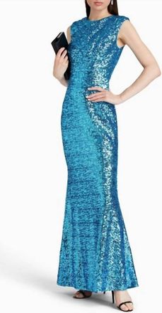 Badgley Mischka Sequined Mesh Gown In Blue