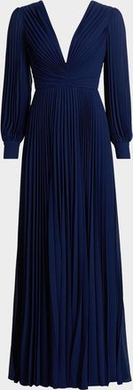 Badgley Mischka Pleated Blouson-Sleeve Georgette Gown