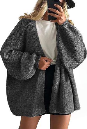 Generic Womens Oversized Open Front Chunky Knit Cardigan Sweaters Casual Long Lantern Sleeve Fall oversize cardigan for women (Dark gray,L)