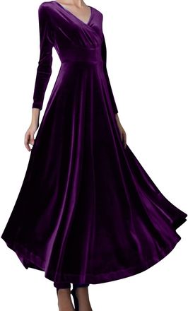 Generic Womens Long Sleeve Evening Dress, Maxi V-Neck Velvet Party Dress, A-Line Cocktail Dress, Elegant Sexy Dress, High Waist Bodycon Ball Dresses for Autum