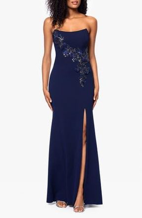 Betsy & Adam Beaded Floral Detail Strapless Scuba Crepe Gown in Navy at Nordstrom Rack, Size 14