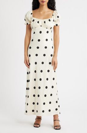Lulus Keaton Dot Puff Sleeve Maxi Dress in Ivory /Black Polka Dot at Nordstrom, Size X-Small