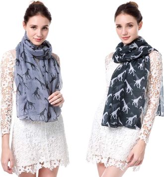World of Shawls Pack of 2 Animal Print Bird Giraffe Scarves Wrap Shawl for Women Ladies (Giraffe4 - Silver/Black & Black/White, 2)