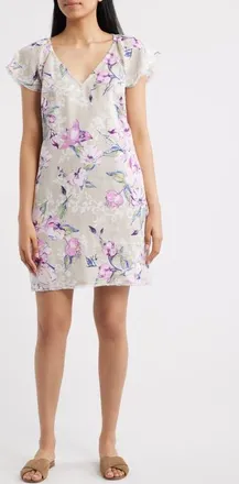 Tommy Bahama Floral Gardens Flutter Sleeve Linen Minidress in Pure Khaki at Nordstrom, Size X-Small