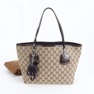 Gucci Brown Leather Canvas Handbag Tote Bag (Pre-Owned)