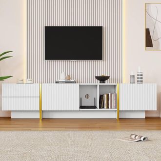 Merax TV Stand for TVs up to 85 Inch, Media Console with Drawers & Shelves in White