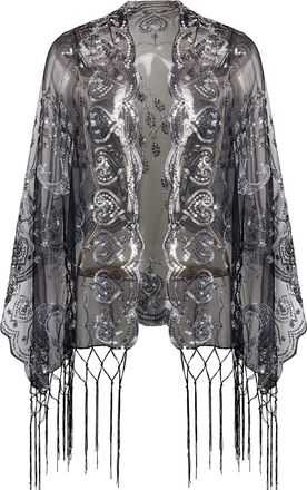 Babeyond 1920s Sequined Peacock Shawl Wraps Fringed Evening Cape Wedding Bridal Shawl Scarf for Evening Dresses Party, Black Silver, One Size