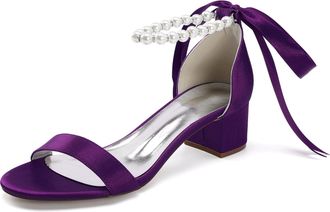 Generic Wedding Pearls Block Heels Sandals Open Toe Ankle Strap Bridal Evening Party Summer Satin Low Heel Shoes 4.5Cm,Dark Purple,10 UK