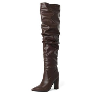Generic Womens Fashion Pleated Wide Calf Pull On Over The Knee Thigh High Riding Boots Pointed Toe Block High Heel Pumps Shoes (Brown,5.5)