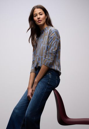 Street One Print-Shirt STREET ONE, Damen, Gr. 46, frosted blau, Jersey, Obermaterial: 63% Polyester, 34% Viskose, 3% Elasthan, bedruckt, normal h&uuml;ftbedeckend, Ru