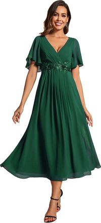 Ever-pretty Womens Embellished Midi Evening Dress Ladies Short Sleeve line with Short Sleeve for Wedding Guest Dress Dark Green 16UK