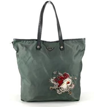 Prada Gray Nylon Leather Shoulder Bag Tote Bag (Pre-Owned)