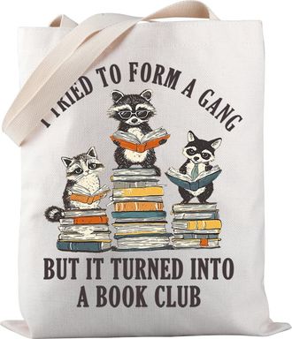 Generic Raccoon Reading Tote Bag I Tried To Form A Gang But It Turned Into A Book Club Tote Bag Bookworm Gift (Into A Book Club TOTE)