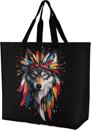 Generic Native Indian Wolf Colorful Reusable Shopping Bags One Shoulder Grocery Tote Bag Waterproof Big Purse for Work Travel