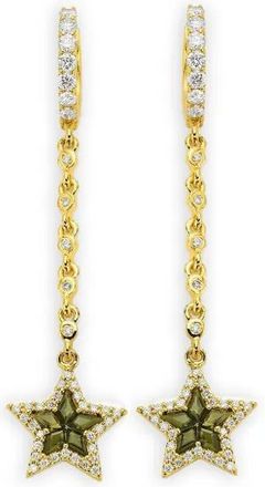 Buddha Mama 20K yellow gold diamond green tourmaline star drop earrings