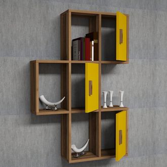 Dmora Estanter&iacute;a Carzano, 7 Estantes, Estructura Amarilla, Toque Nogal, 50x20x113h Cm Marr&oacute;n Nogal
